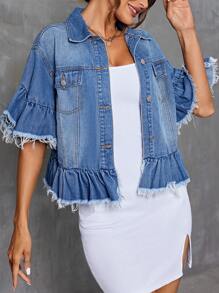 SHEIN Privé Blusa Vaquera De Mujer De Manga Corta Con Dobladillo Con Volantes Y Borde Sin Rematar - Azul lavado medio - Ver 4