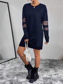 SHEIN Essnce Đầm lưới dài tay trễ vai tương phản dành cho nữ - Màu xanh lam - Xem 1