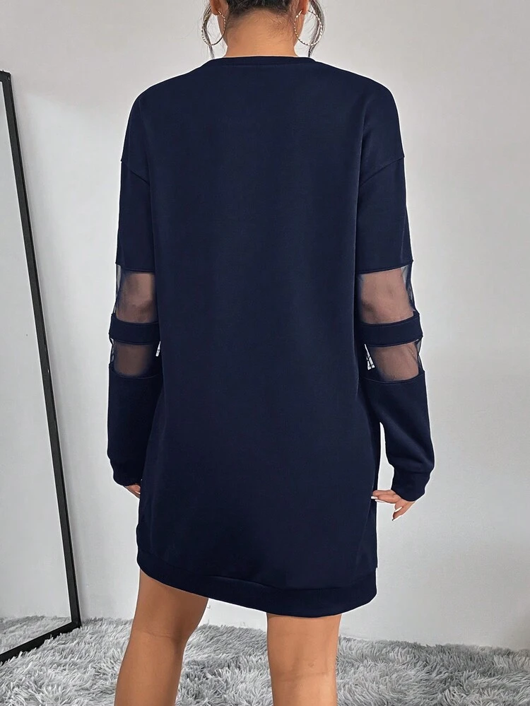 Women'S Long Sleeve Mesh Contrast Drop Shoulder Dress