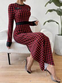 SHEIN Privé Houndstooth Pattern Long Sleeve Dress - Red - View 7