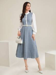 Modelyn 女式立领格子灯笼袖连衣裙超长款女装长款晚礼服女式秋季服装 - 藍色 - 查看 6