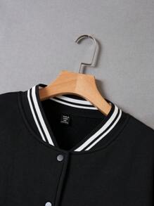 SHEIN EZwear Women's Plus Size Slogan Print Color Block Jacket - Black and White - View 3