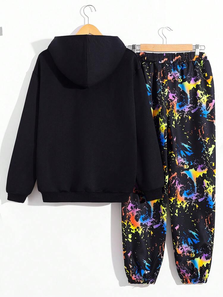 Teen Boys' Casual Loose Fit Glow-In-The-Dark Green Printed Hooded Sweatshirt And Graphic Joggers Set