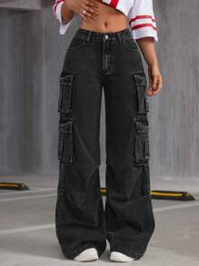 SHEIN ICON Cargo Wide Leg Jeans - Dark Grey - View 6