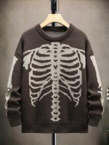 Manfinity EMRG 男士落肩骷髏圖案毛衣 - 巧克力棕 - 查看 1