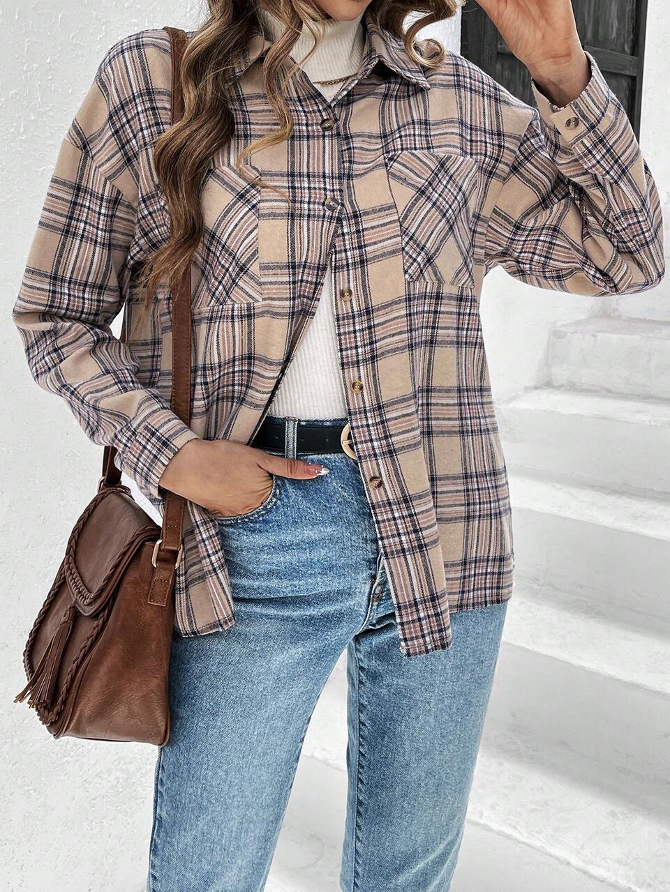 Grid Pattern Long Sleeve Casual Jacket