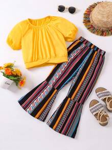 SHEIN 幼兒女孩波西米亞風格燈籠袖上衣和條紋喇叭褲兩件套 - 彩色 - 查看 1