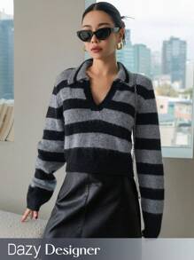 Dazy Designer Của phụ nữ Sọc Áo len Với Quay xuống Vòng cổ Và Thả vai - Nhiều màu - Xem 1