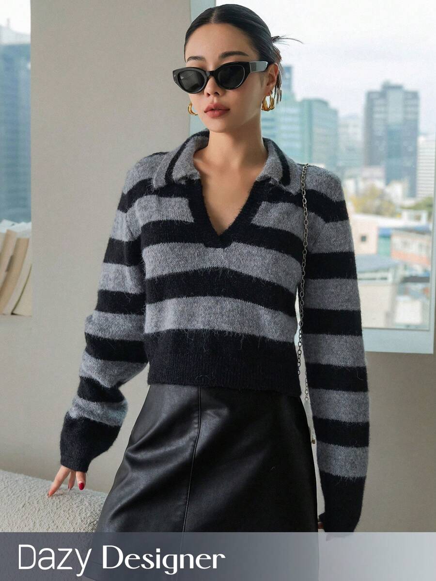 Dazy Designer Của phụ nữ Sọc Áo len Với Quay xuống Vòng cổ Và Thả vai - Nhiều màu - Xem 1