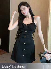 Dazy Designer Women's Backless Halter Neck Dress Prom Dress - Black - View 1