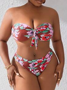 SHEIN Swim Curve 大码花卉印花打结抹胸比基尼套装和比基尼连衣裙夏季海滩 - 彩色 - 查看 4