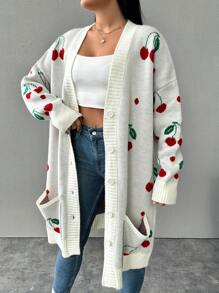 SHEIN Cottnline Kích thước lớn Của phụ nữ Mẫu anh đào Thả vai Tay áo dài Áo len Mở - trắng - Xem 1