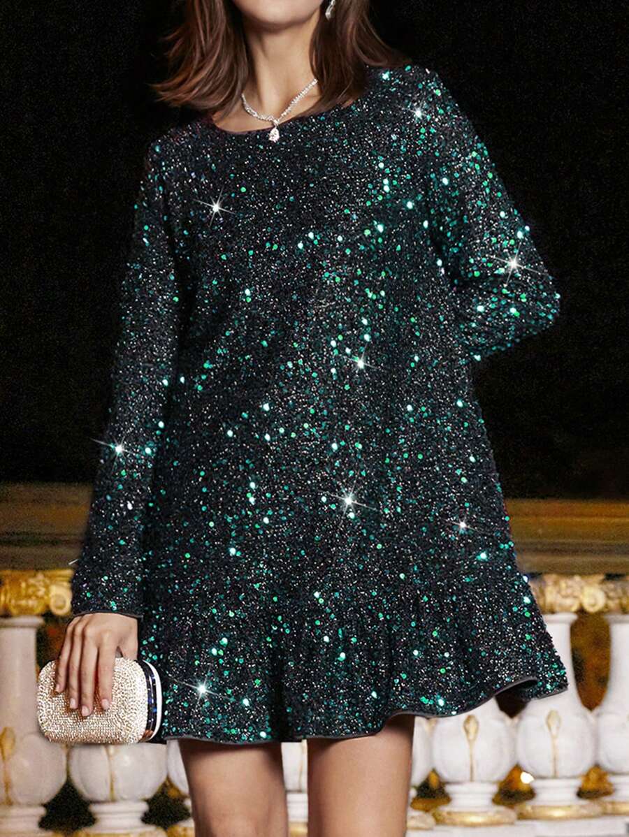 SHEIN Frenchy 女性閃閃發光長袖裙,邊緣飾有荷葉邊 - 墨綠色 - 查看 1