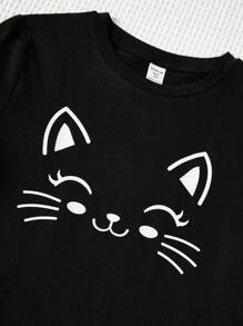 SHEIN 3pcs/Set Tween Girls' Casual Cat Pattern Round Neck T-Shirt, Heart Pattern Pants And Shorts Pajama Set