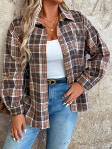 SHEIN LUNE Plus Size Women'S Plaid Drop Shoulder Long Sleeve Shirt - Khaki - View 6