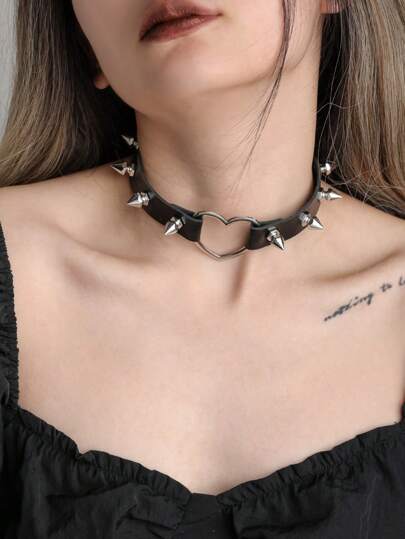 1 Stück Gothic Punk Stil Herz-förmiger Nietendekor verstellbarer Lederkragen, Valentinstag, Muttertag, Geschenk