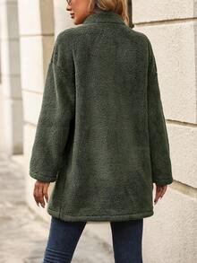 SHEIN Clasi Dual Pocket Drop Shoulder Teddy Coat - Army Green - View 2