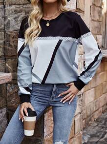 SHEIN LUNE 顏色拼接休閒連帽衫,圓領款式 - 彩色 - 查看 4