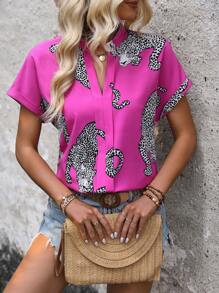 SHEIN LUNE Blusa con escote con muesca con estampado de leopardo, blusas de manga corta
