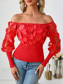 Chiquease Off Shoulder Mesh Floral Applique Shirred Blouse - Red - View 6