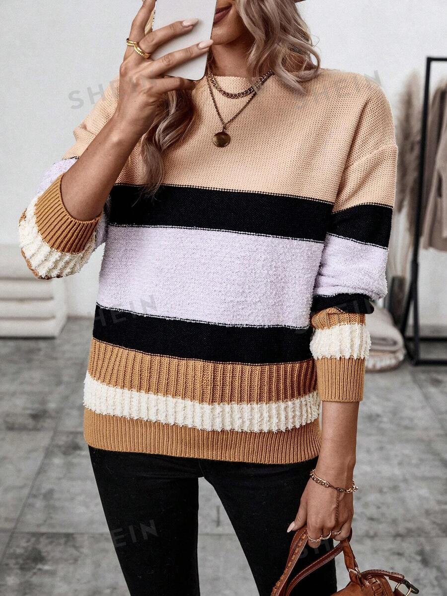 SHEIN LUNE Suéter De Hombro Caído Con Color Contrastante Para Mujer