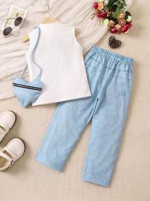 SHEIN Conjunto de regata de cor sólida e calça jeans com estampa de desenho animado para meninas com gola alta