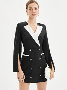 BizChic 對比色面板縫製開襟雙排釦裝飾洋裝 - 黑與白 - 查看 5