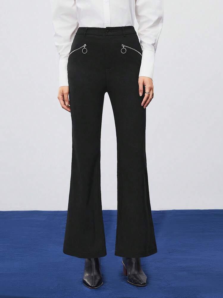 Zipper Pocket Wide Leg Pants With Front Flares
