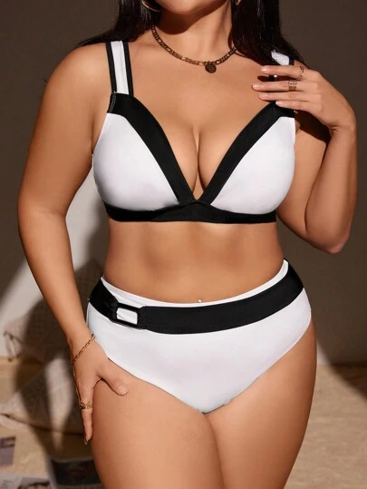 SHEIN Swim Curve 大码女式撞色比基尼套装夏季海滩