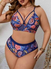 SHEIN Swim Curve 大码女式花卉印花比基尼套装夏季海滩 - 彩色 - 查看 1