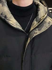 Men's Camouflage Patchwork Slogan Print Hooded Padded Coat - Black - View 6