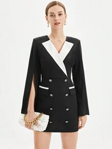 BizChic 對比色面板縫製開襟雙排釦裝飾洋裝 - 黑與白 - 查看 4