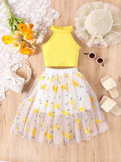 SHEIN Glamorique Kids Young Girl Stylish And Lovely Casual Vacation Style Sleeveless Top And Flower Mesh Skorts 2pcs Set, Spring/Fall