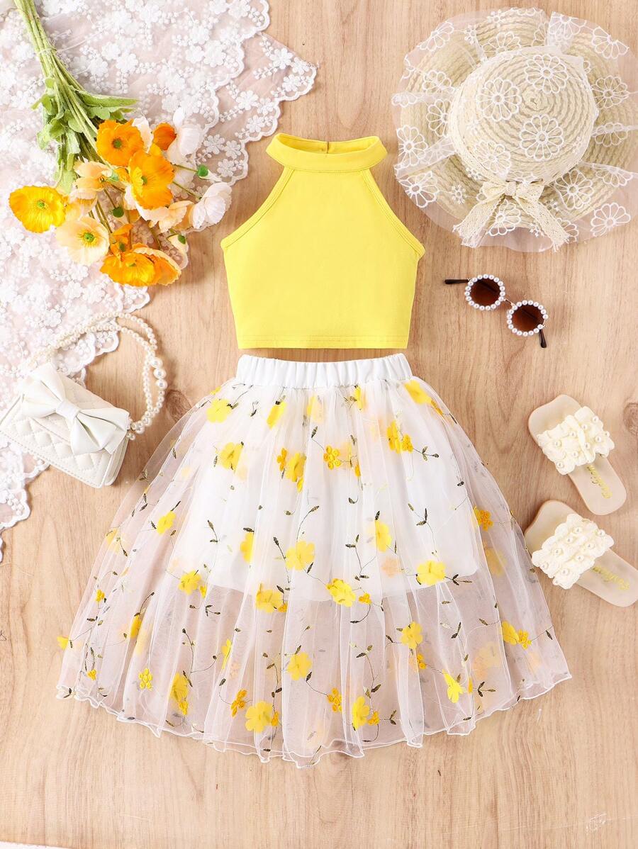 SHEIN Glamorique Kids Young Girl Stylish And Lovely Casual Vacation Style Sleeveless Top And Flower Mesh Skorts 2pcs Set, Spring/Fall - Yellow - View 1