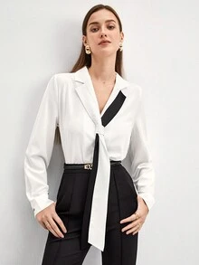 BizChic 女士專屬翻領長袖襯衫 - 黑與白 - 查看 8