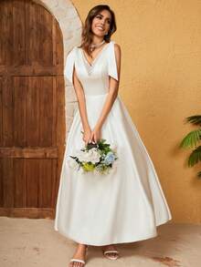 法式緞面蝴蝶結婚紗 - 白色 - 查看 4