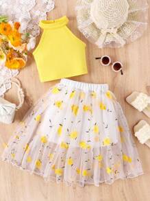 SHEIN Glamorique Kids Young Girl Stylish And Lovely Casual Vacation Style Sleeveless Top And Flower Mesh Skorts 2pcs Set, Spring/Fall - Yellow - View 6