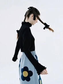 女士蕾絲半高領純色長袖t卹 - 黑色 - 查看 2