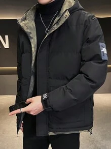 Men's Camouflage Patchwork Slogan Print Hooded Padded Coat - Black - View 4