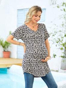 豹纹短袖哺乳孕妇上衣（夏季款） - 棕色 - 查看 4