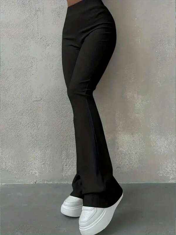 Women High Waist Solid Color Rib Knit Flare Pants, Autumn