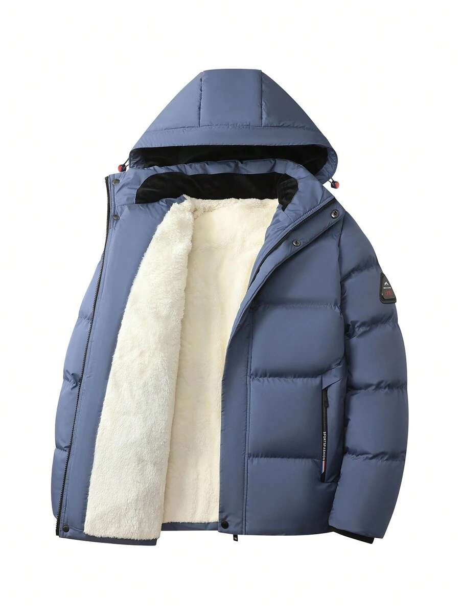 Men Teddy Lined Hooded Padded Coat - Blue - View 1