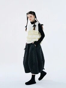 女士蕾絲半高領純色長袖t卹 - 黑色 - 查看 4