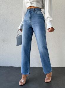 SHEIN PETITE Jeans Rectos De Cintura Alta Para Mujer - Lavado ligero - Ver 5