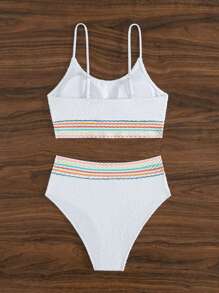 Swim Vcay Summer Beach Color Block Bikini Set - White - View 4