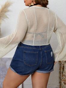 SHEIN Swim Curve 大码女式和服连衣裙，前系带结夏季 - 杏色 - 查看 2