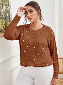 SHEIN LUNE 女裝加大碼下垂肩長袖鑲珠毛衣 - 咖啡棕 - 查看 1