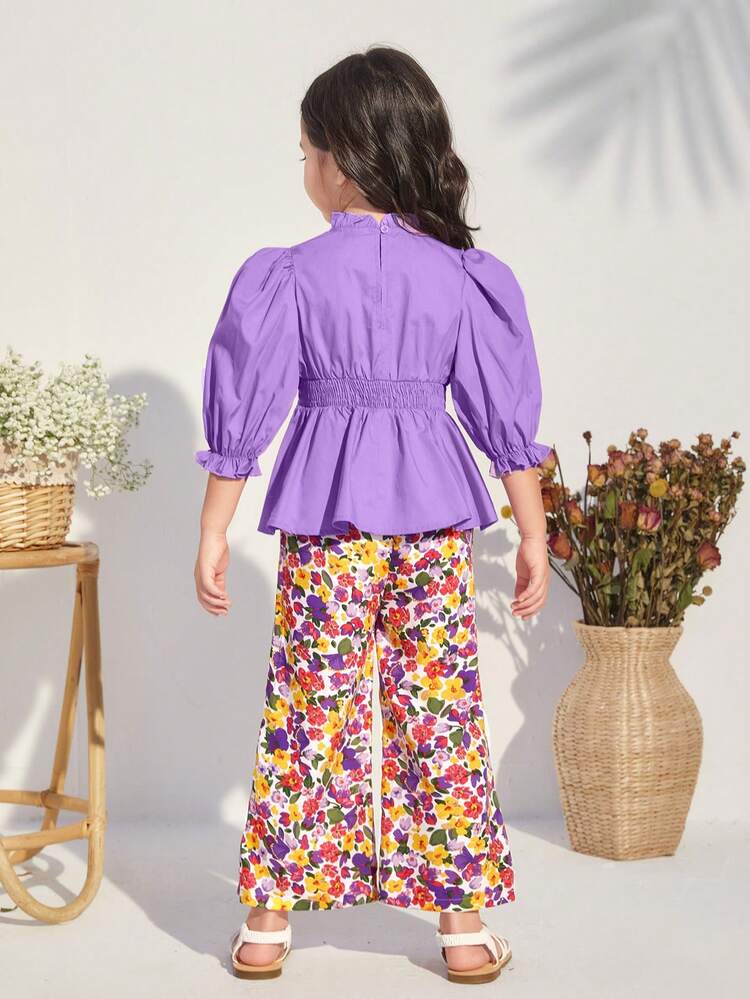 Toddler Girls' Leisure Fit Ruffled Blouse With Stand Collar And Puff Sleeves, Flower Print Wide Leg Pants Two Pieces Set