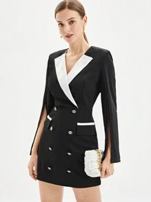 BizChic 對比色面板縫製開襟雙排釦裝飾洋裝 - 黑與白 - 查看 8