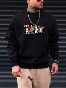 男士聖誕雞印花圓領運動衫 - 黑色 - 查看 1